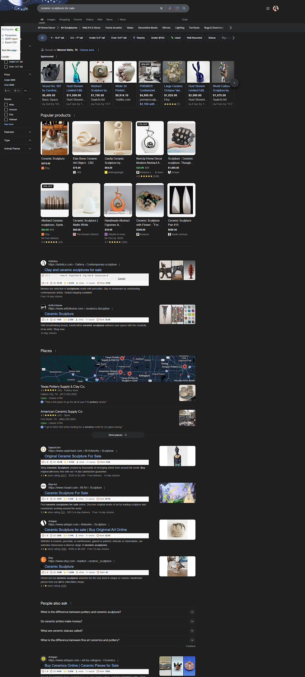 Google search results for 'ceramic sculptures for sale,' showing a range of product listings, popular products, local ceramic suppliers on a map, and organic search results with links to various ceramic art sellers.