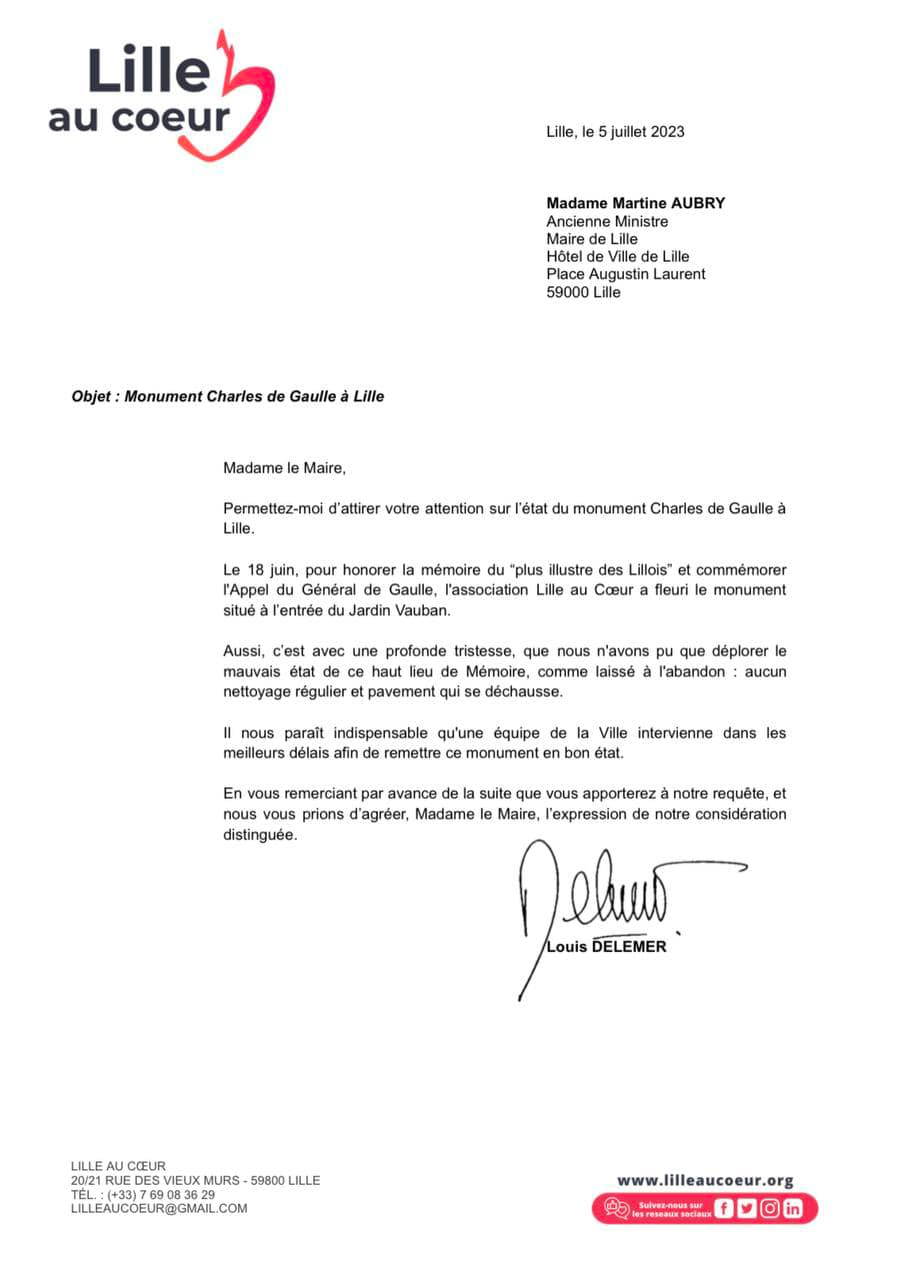 Lettre à Martine Aubry sur l'état du monument Charles de Gaulle à Lille