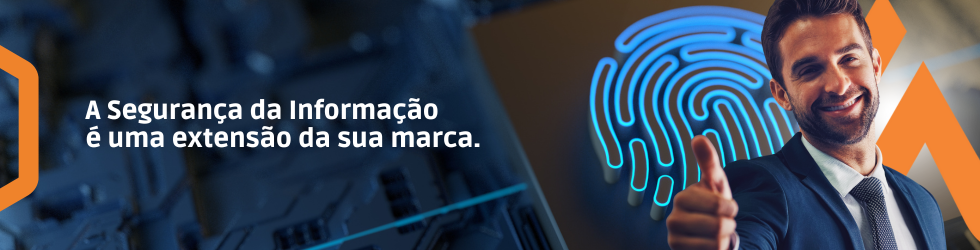 Rodapé contendo um home de terno com a mão em posição de jóia e atrás uma placa de computador com uma digital em destaque e a letra A da logomarca da Latina e ao lado a frase A Segurança da Informação é uma extensão da sua marca.