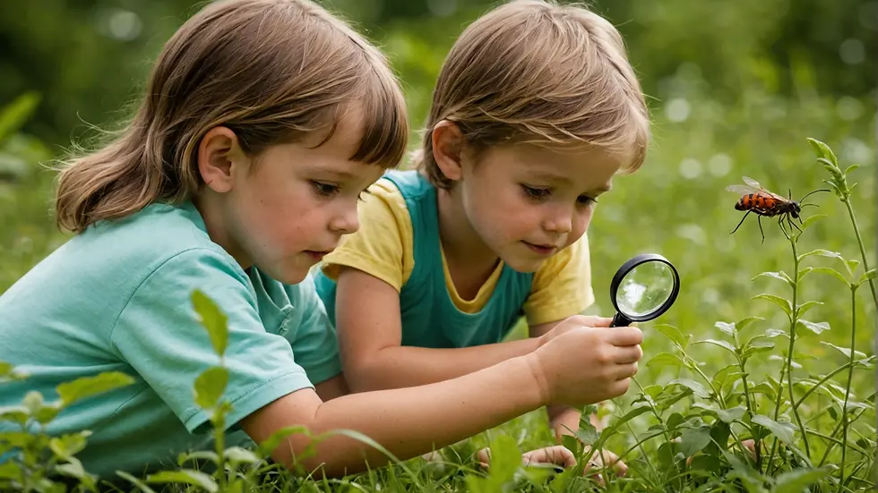 A child using a magnifying glass to observe a small insect