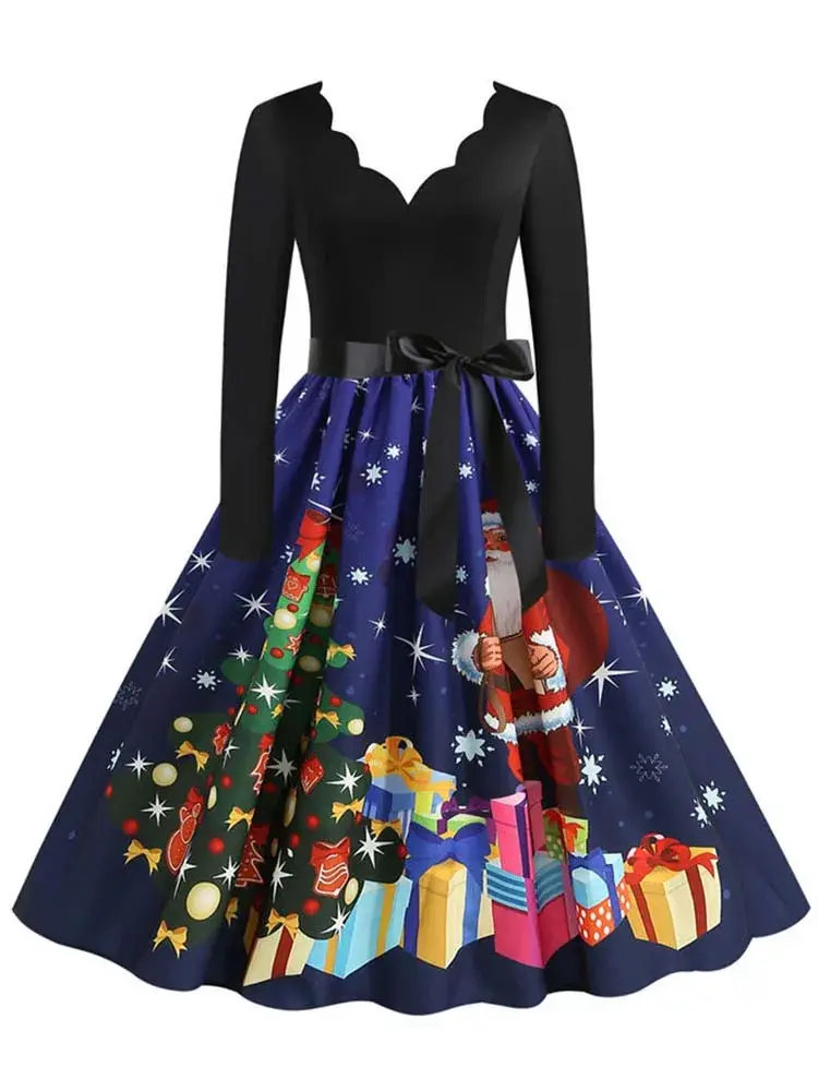 Thumbnail: Black Big Swing Print Vintage Christmas Dress