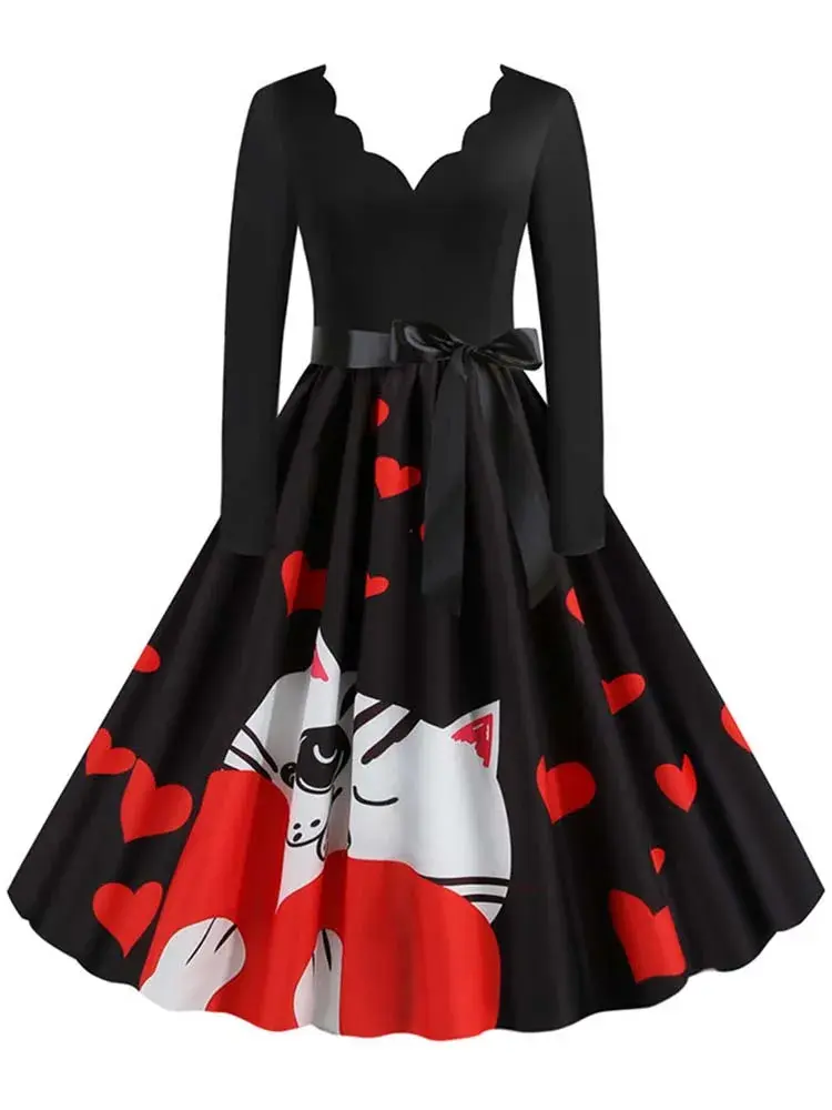 Thumbnail: Black Big Swing Print Vintage Christmas Dress