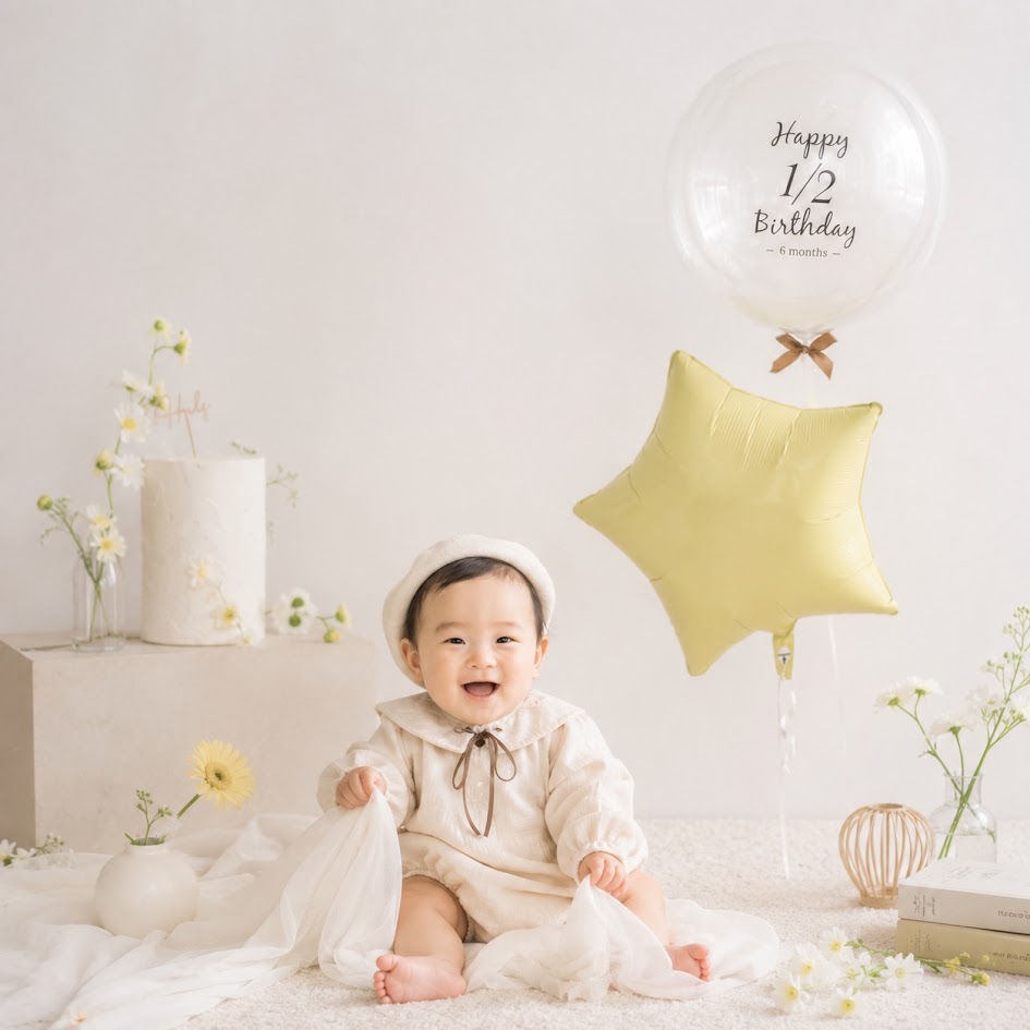 「Happy 1/2 Birthday - 6 months -」の印字が入った名入れ透明バルーンと淡いイエローの星型バルーンに囲まれた笑顔の赤ちゃん。ハーフバースデー(生後6ヶ月)の誕生日バルーン飾り付け例と記念撮影風景。