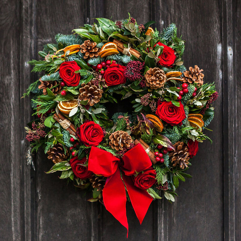 Winter Rose Christmas wreath handmade by Rutland Florals