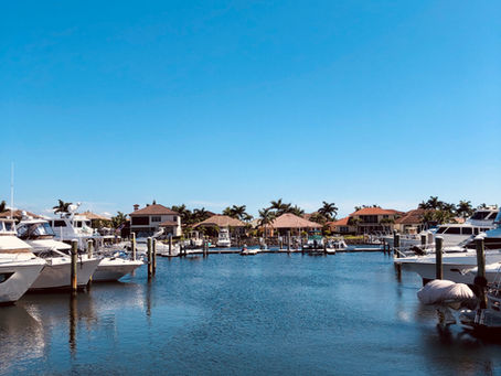 A view of a marina with boats and blue sky and water