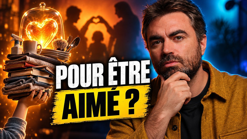 Illustration de la parentification : Julien Besse et une main d’enfant portant des objets du quotidien, avec la question « Pour être aimé ? ».