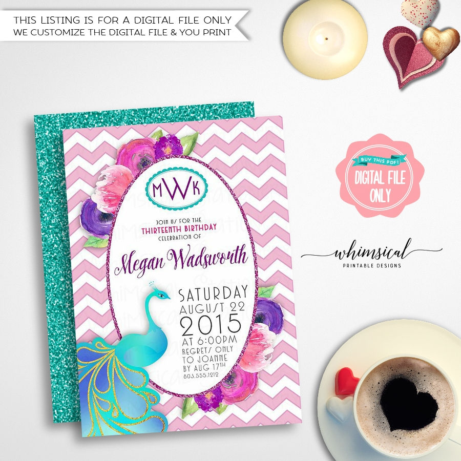 Thumbnail: "Peacocks & Glitter" Printable Birthday Invitation