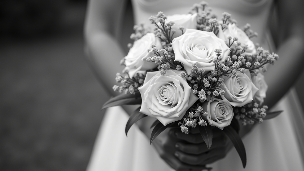 Close-up view of a bride’s bouquet in black and white