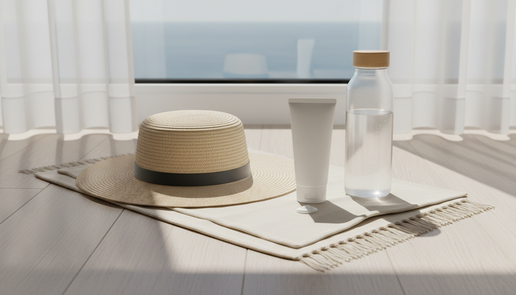 High-angle view of a sun hat, mineral sunscreen, and water bottle on a light towel