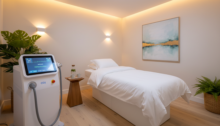Eye-level view of a CO2 laser device beside a treatment bed