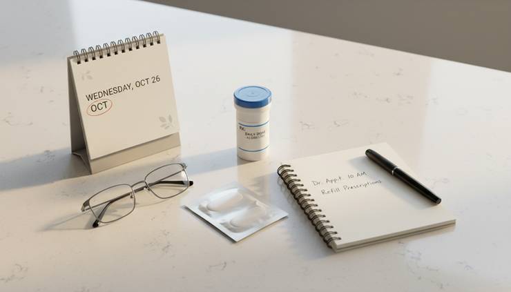 Overhead view of hormone therapy items on a calm home countertop