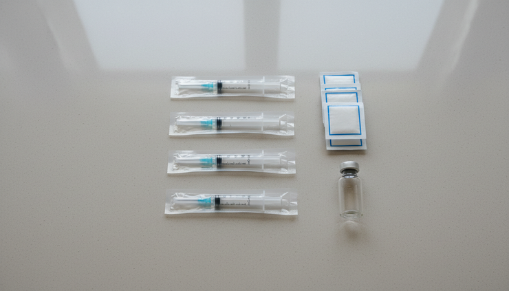 Overhead view of unopened medical supplies arranged on a clean counter.