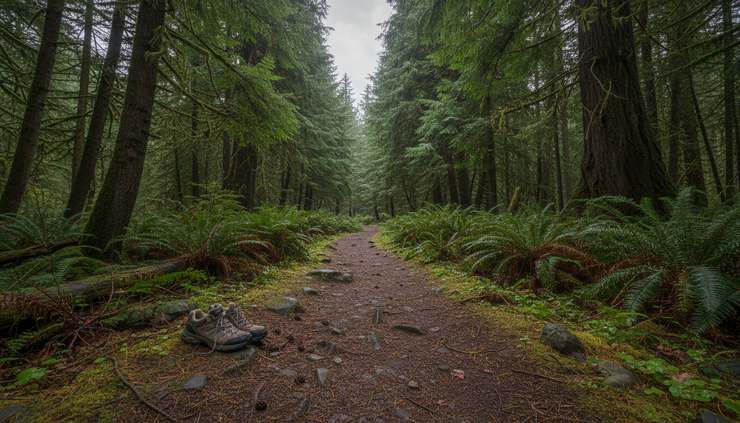 Wide-angle view of a walking trail through evergreen trees on a cloudy morning.
