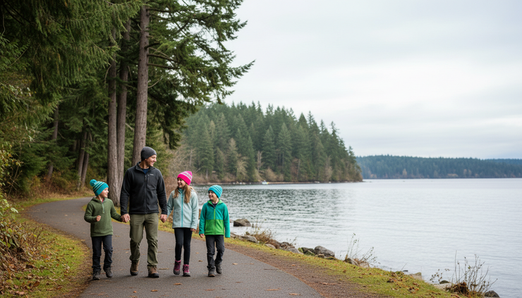 Medium shot view of a walking path near Lake Stevens with a family in casual clothes.