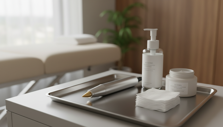 Close-up view of a calm treatment room with an RF microneedling device beside clean skin care supplies