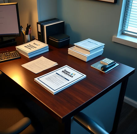 office desk with forms that say Team Wellness on the forms in blue and gold.jpg