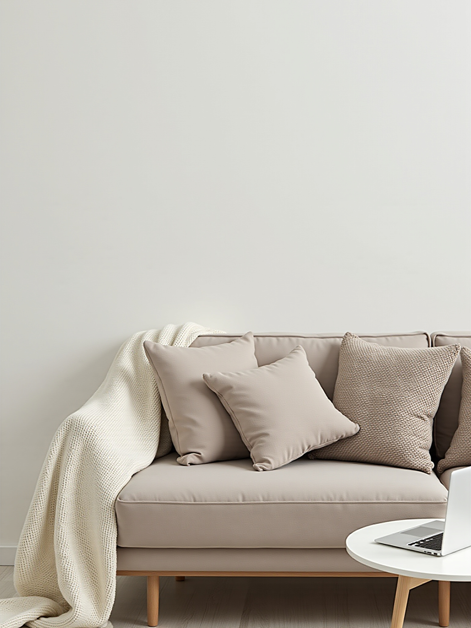 A beige couch with a neutral-toned decorative pillows and a draped cream knit blanket sits in front a plain white wall, with a small round table and a laptop visible in the foreground. 