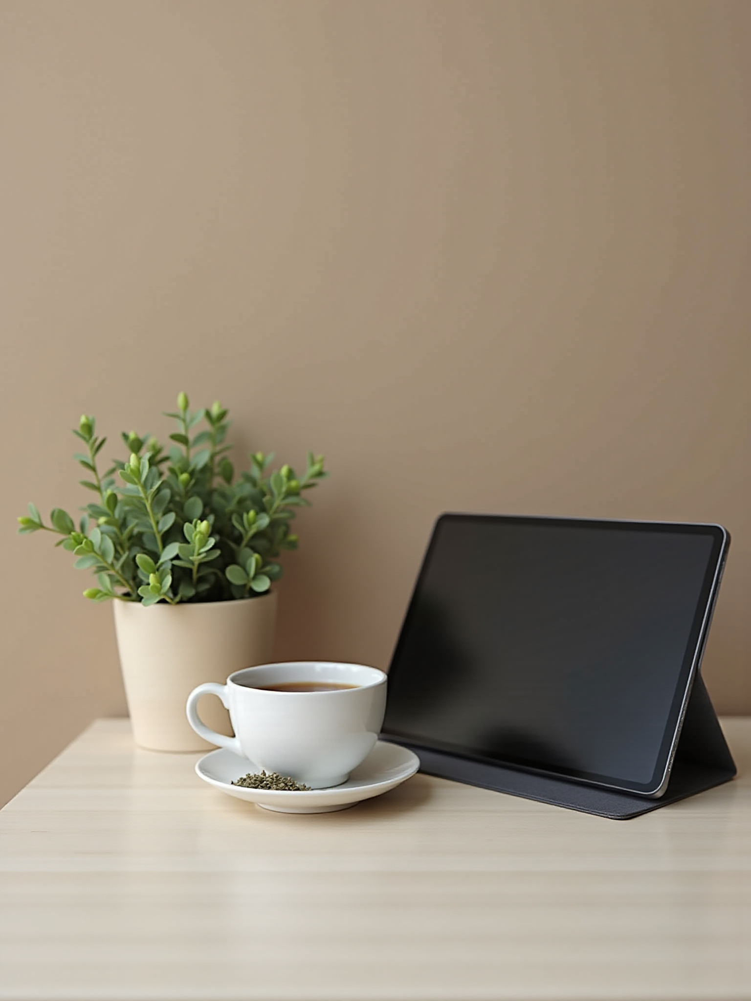 A white cup of tea on a saucer sits next to a tablet and a small potted plant on a light-colored wooden table against a tan background. 