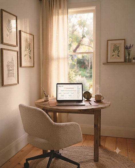 Warm sunlit office corner with a desk and laptop looking out a window, overlooking a garden.