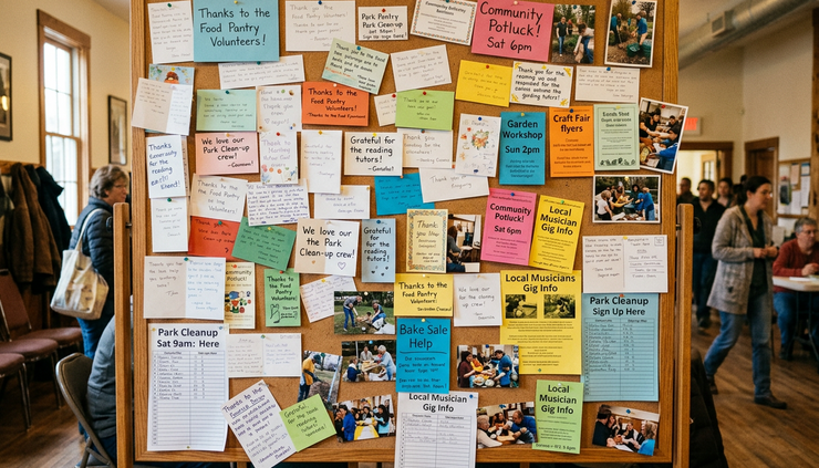Wide-angle view of a community bulletin board covered with event cards and handwritten thank-you notes.