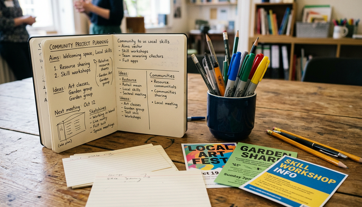 Close-up view of handwritten workshop notes beside art supplies and resource flyers.