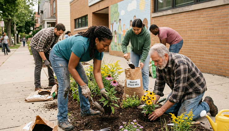 Eye-level view of neighbors planting flowers beside a sidewalk garden.