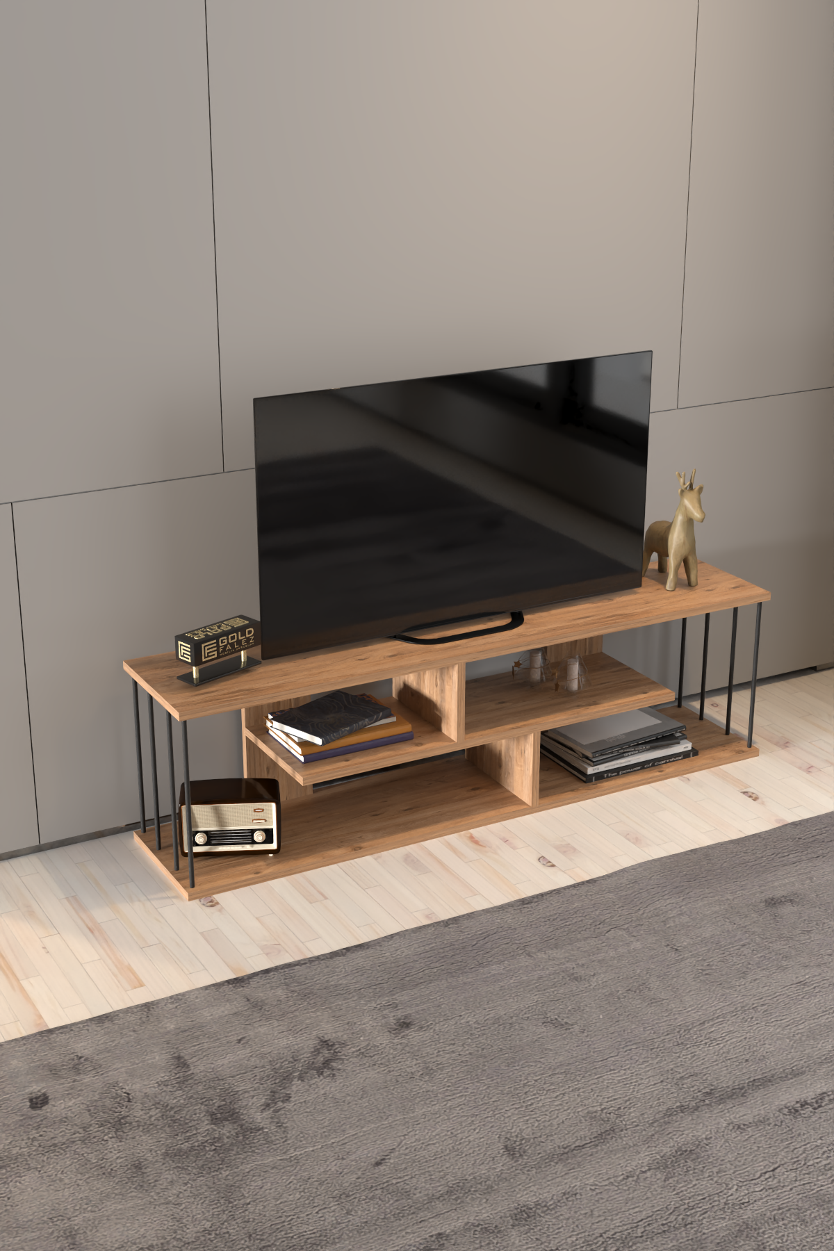 TV table with a beautiful and modern design, made of wood and metal, 140cm