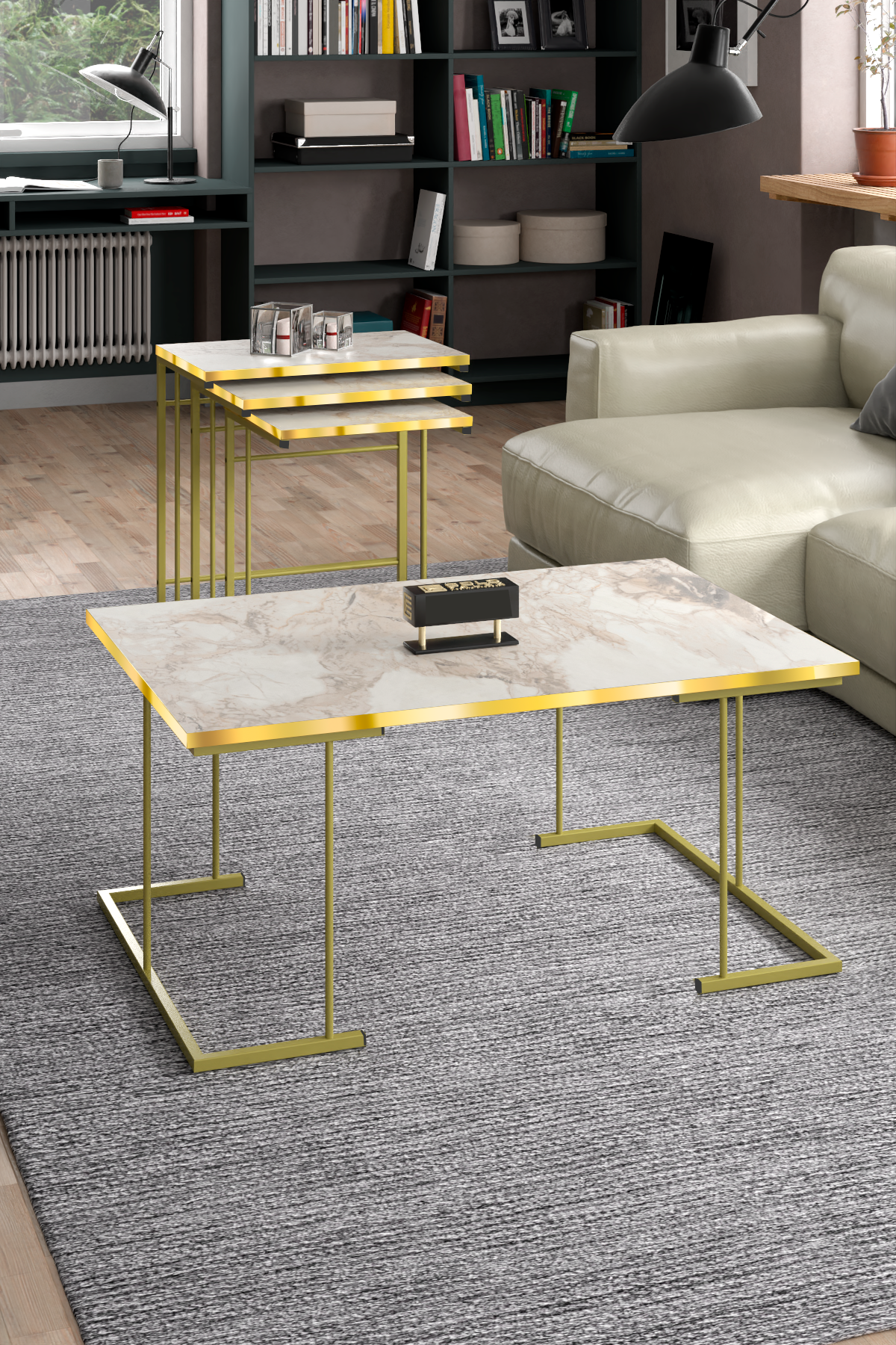 solo Efes set of 3 side tables with a center table, service table Maeble/Gold