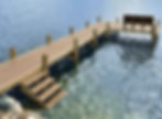Wooden lake dock with stairs and a built-in bench.