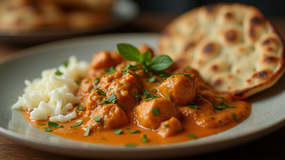 Eye-level view of a plate of butter chicken with naan bread