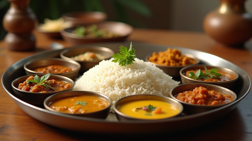 Eye-level view of a traditional Kerala thali with various curries and rice