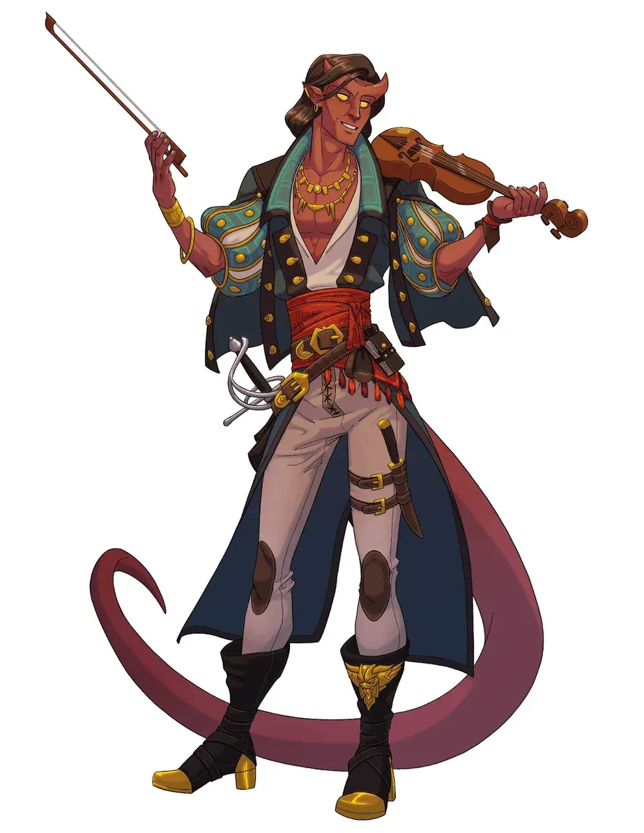 Dungeon Master NPC (Nonplayer Character). Illustrated is a Tiefling Bard.
