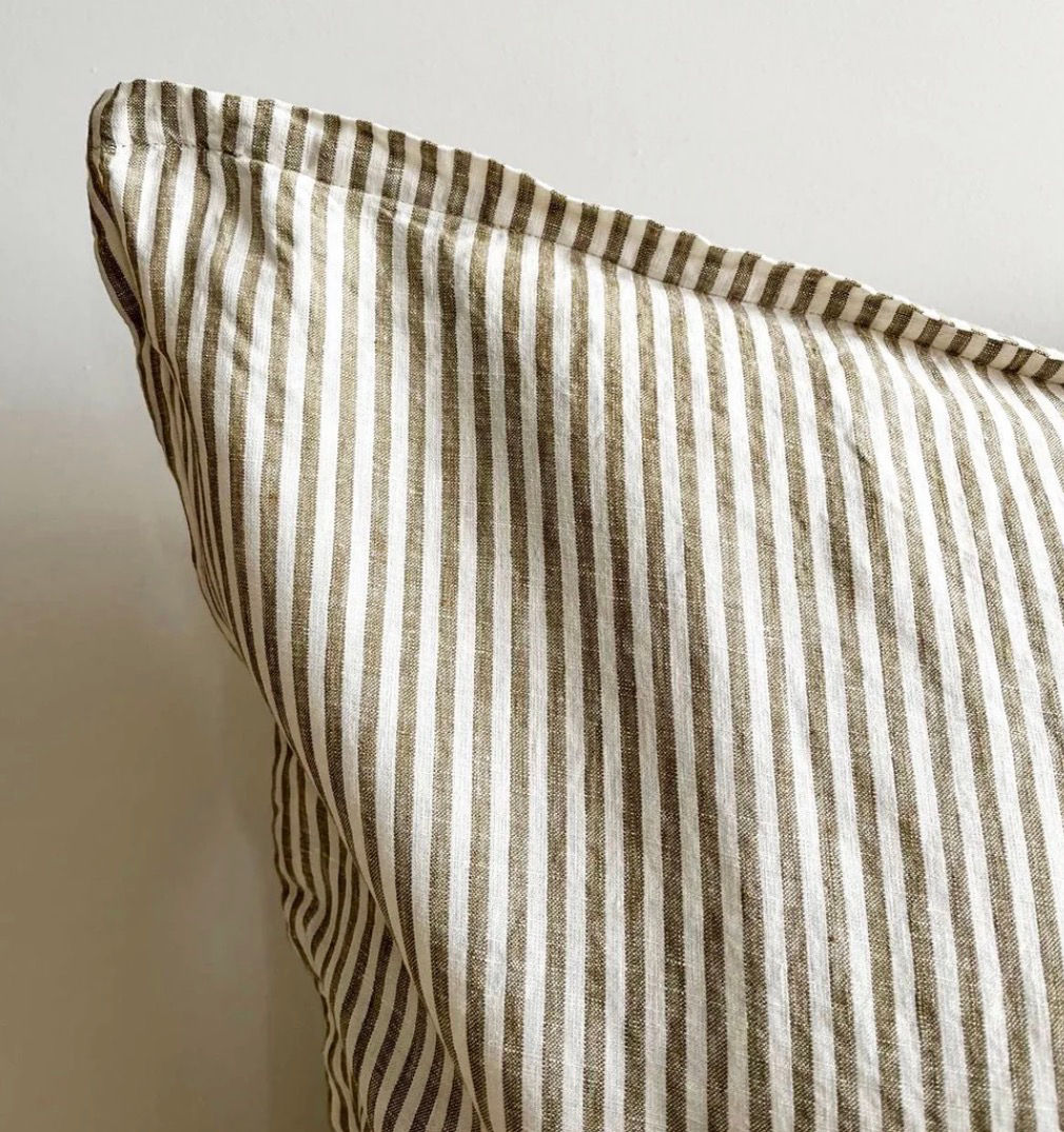 Pure French Linen Euro Cover - Olive Pinstripes