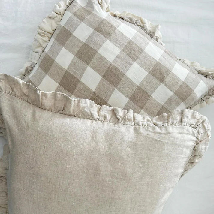 Thumbnail: Pure French Linen Ruffle Cushion Cover - Natural Gingham
