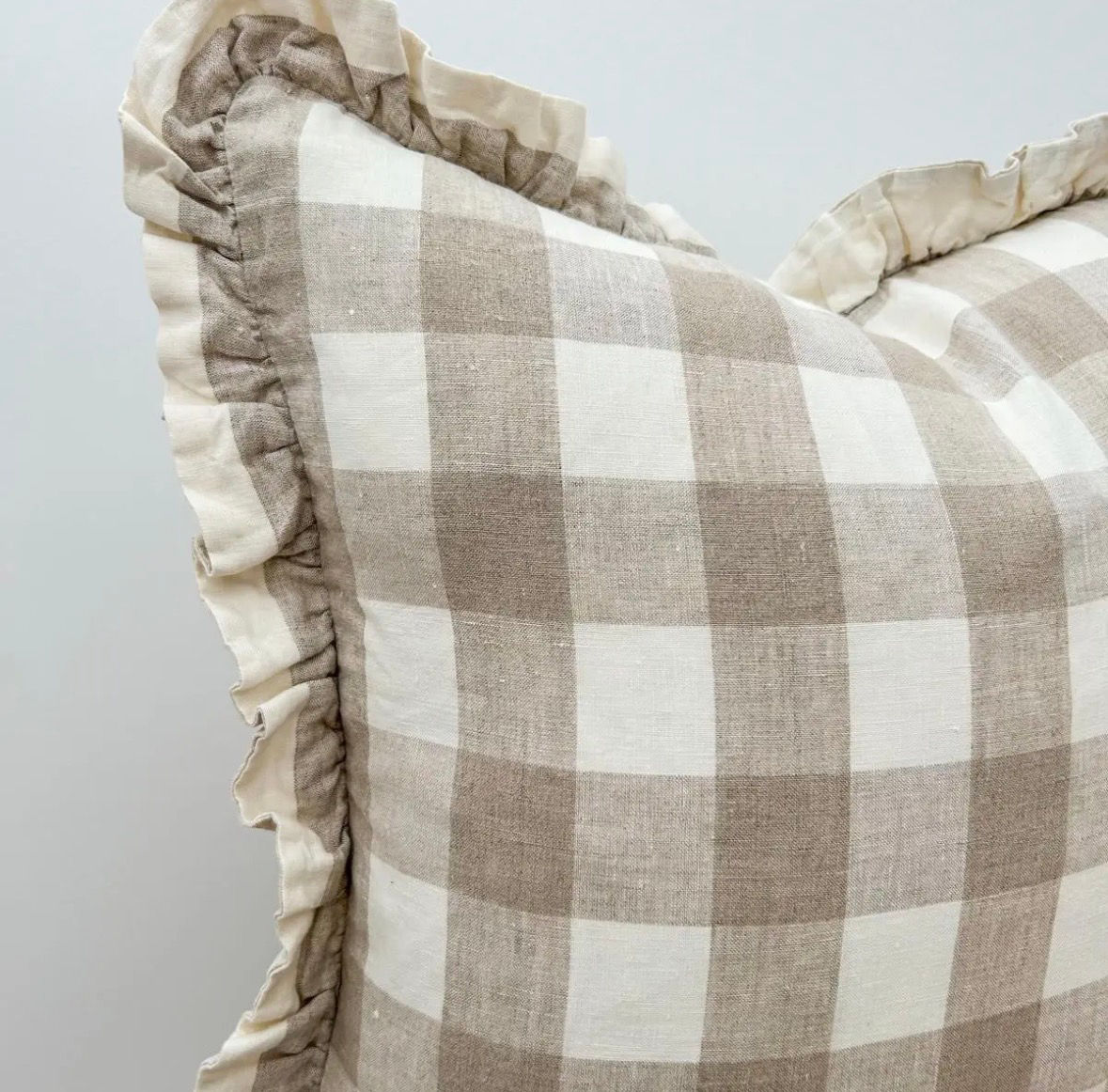 Pure French Linen Ruffle Reversible Cushion Cover - Natural Gingham/Natural