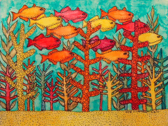 Fish University School in Reddish Hues