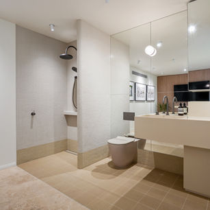 Bathroom display fitout in Mermaid Beach near Nobby's Beach Gold Coast by Barrile Building with modern fixtures
