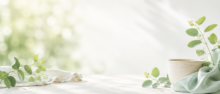 Light and airy wellness banner with green eucalyptus leaves, a ceramic cup, and soft natural light on a white background.