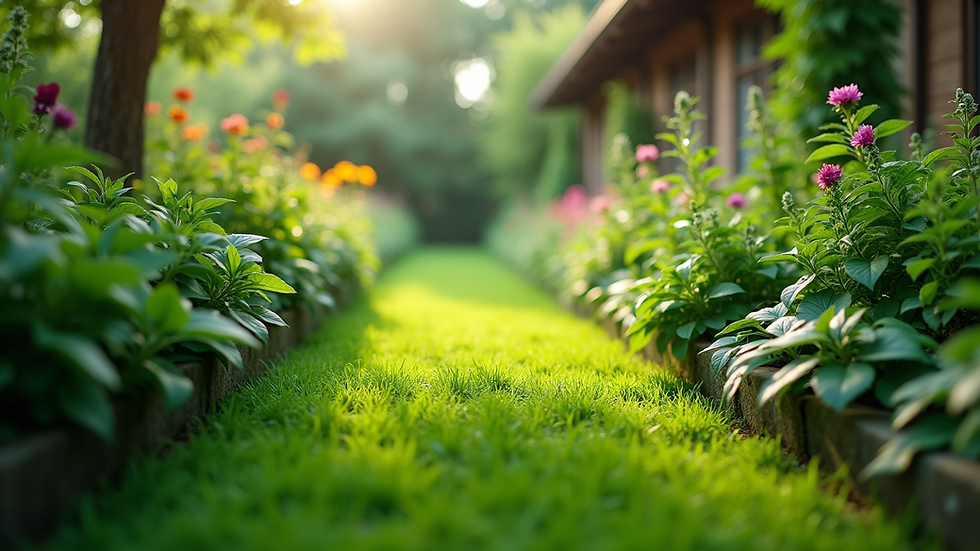 Eye-level view of a lush green garden with diverse plants