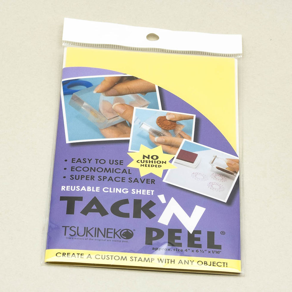 Tsukineko Tack ’N Peel Haftfolie in Verpackung, Anwendungsfotos & Text: kein Stempelkissen erforderlich, Stempel gestalten.