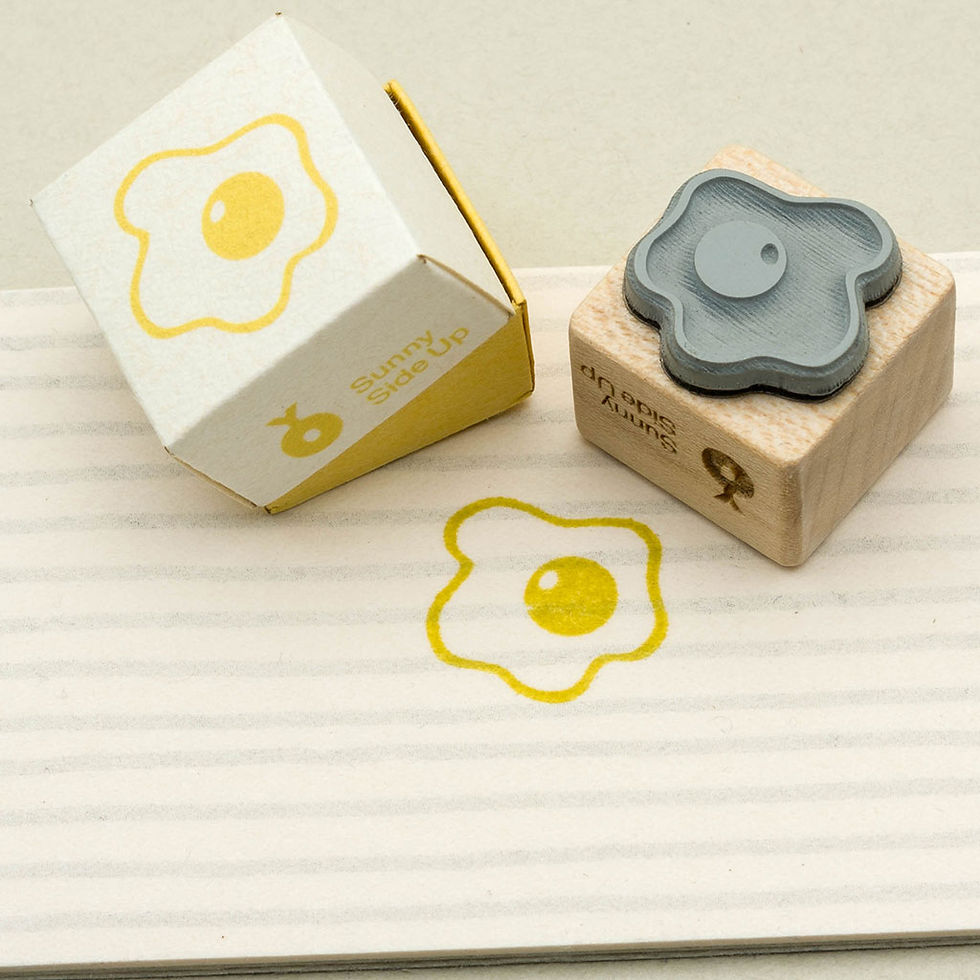 Motivstempel Spiegelei mit Verpackungskarton; Ansicht Stempelseite