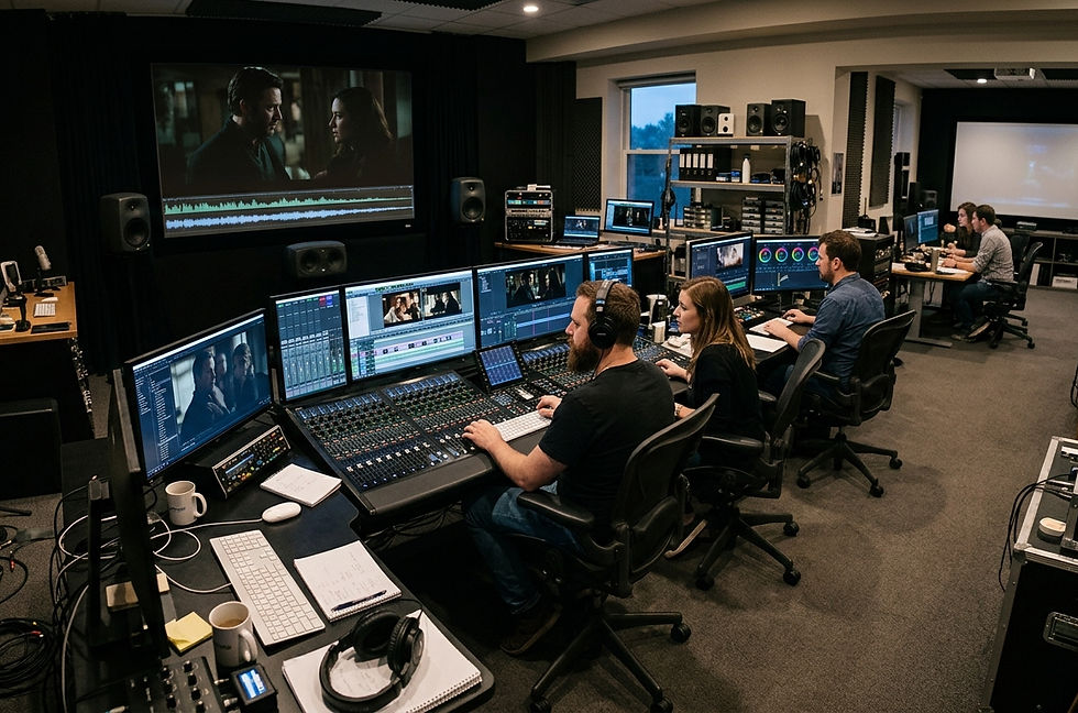 Close-up view of a film editing workstation with multiple screens displaying editing software