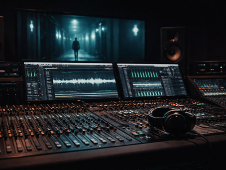 Sound engineer workspace with mixing console, headphones, and multiple screens displaying audio waveforms and film footage in a dark studio environment.