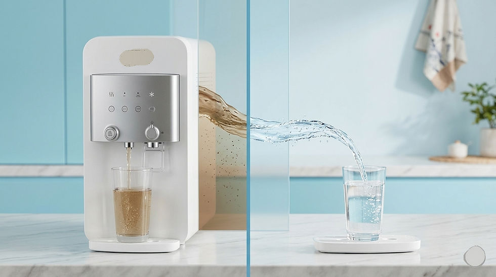 Showing dirty water (brownish) turning into crystal clear water.