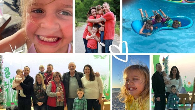 Collage of smiling family photos: parents and kids hugging, children in pool floats, and a little girl grinning at the beach.