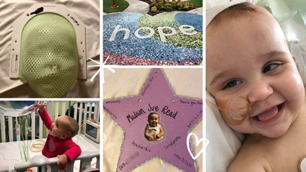 Collage of Maddy in hospital care, with mask, monitors, and hope-themed art including a star and the word hope.