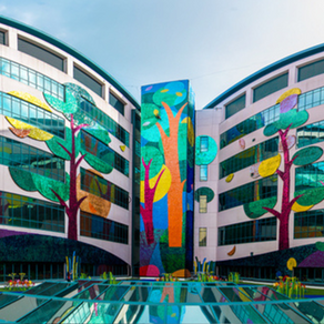 Colorful curved building on St Jude Children's Research Hospital campus with tree murals reflected in a glass courtyard pool under a blue sky.