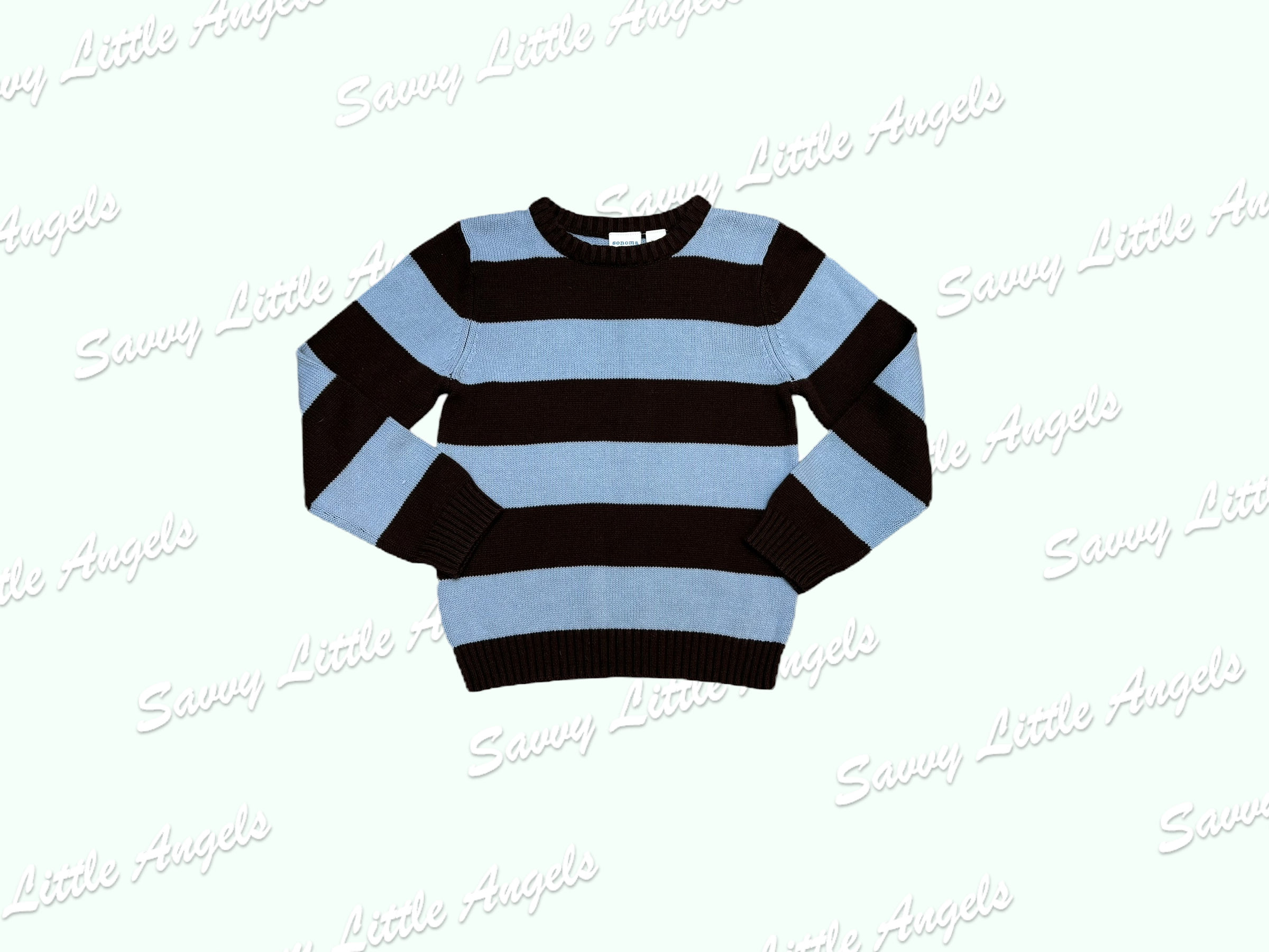 front of Brown and Blue Sweater arms in
