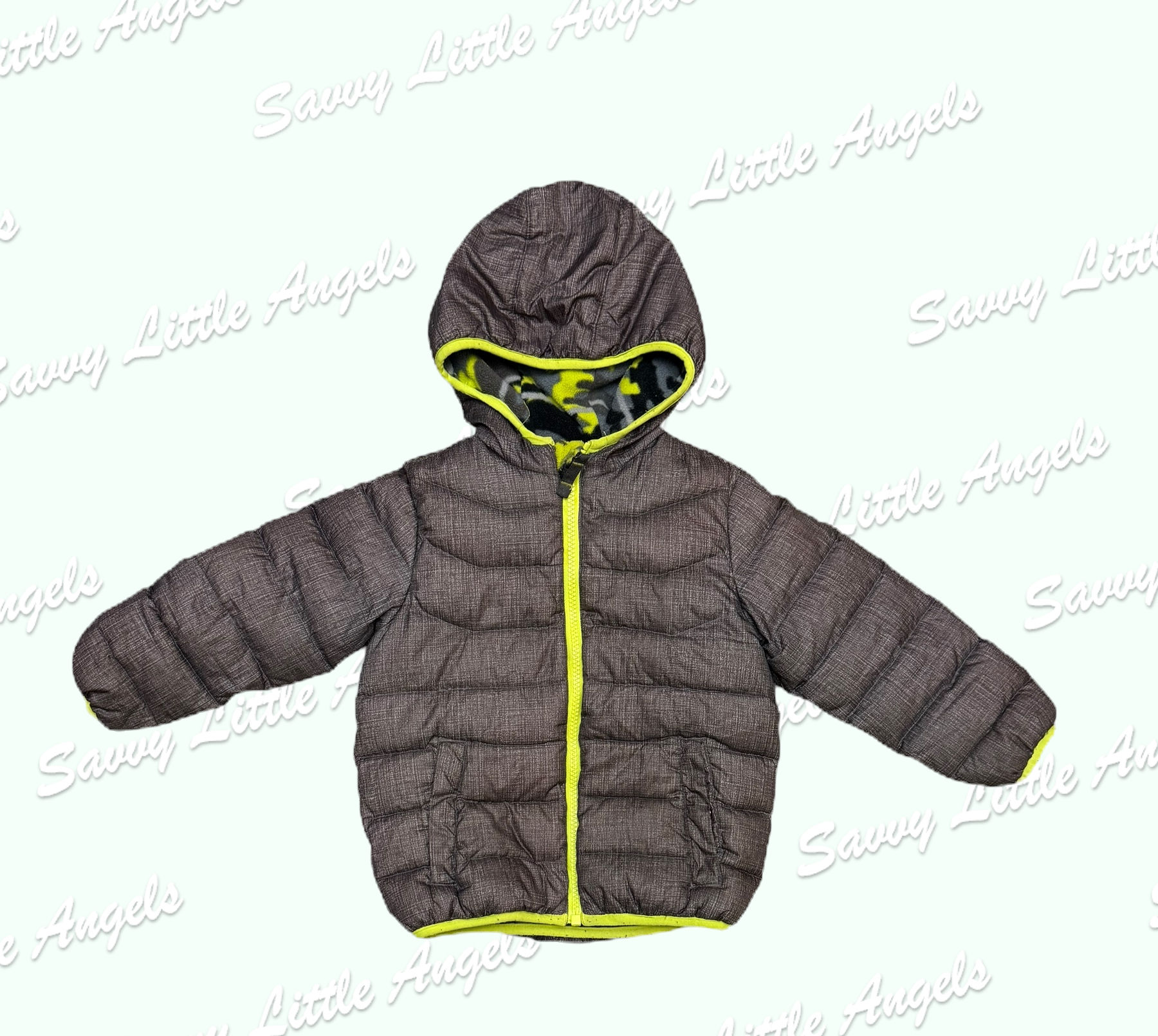 front of Grey and Lime Coat