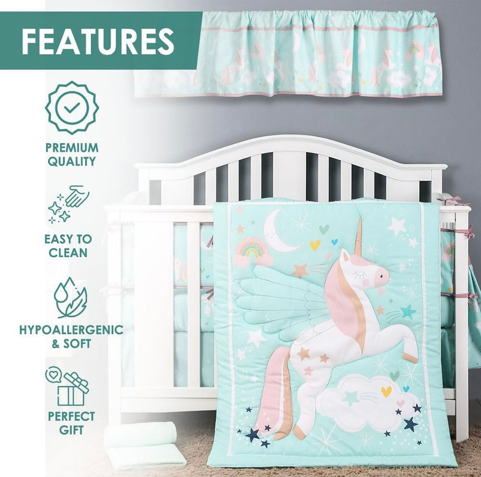 Thumbnail: another front view with product description of Unicorn Crib/Toddler Bed Set